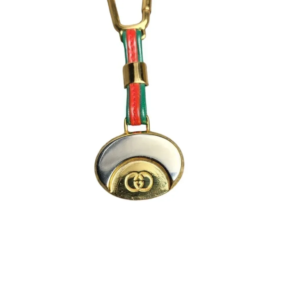 Vtg 80's Gucci Silver & Gold Medallion Green And Red Leather Keychain